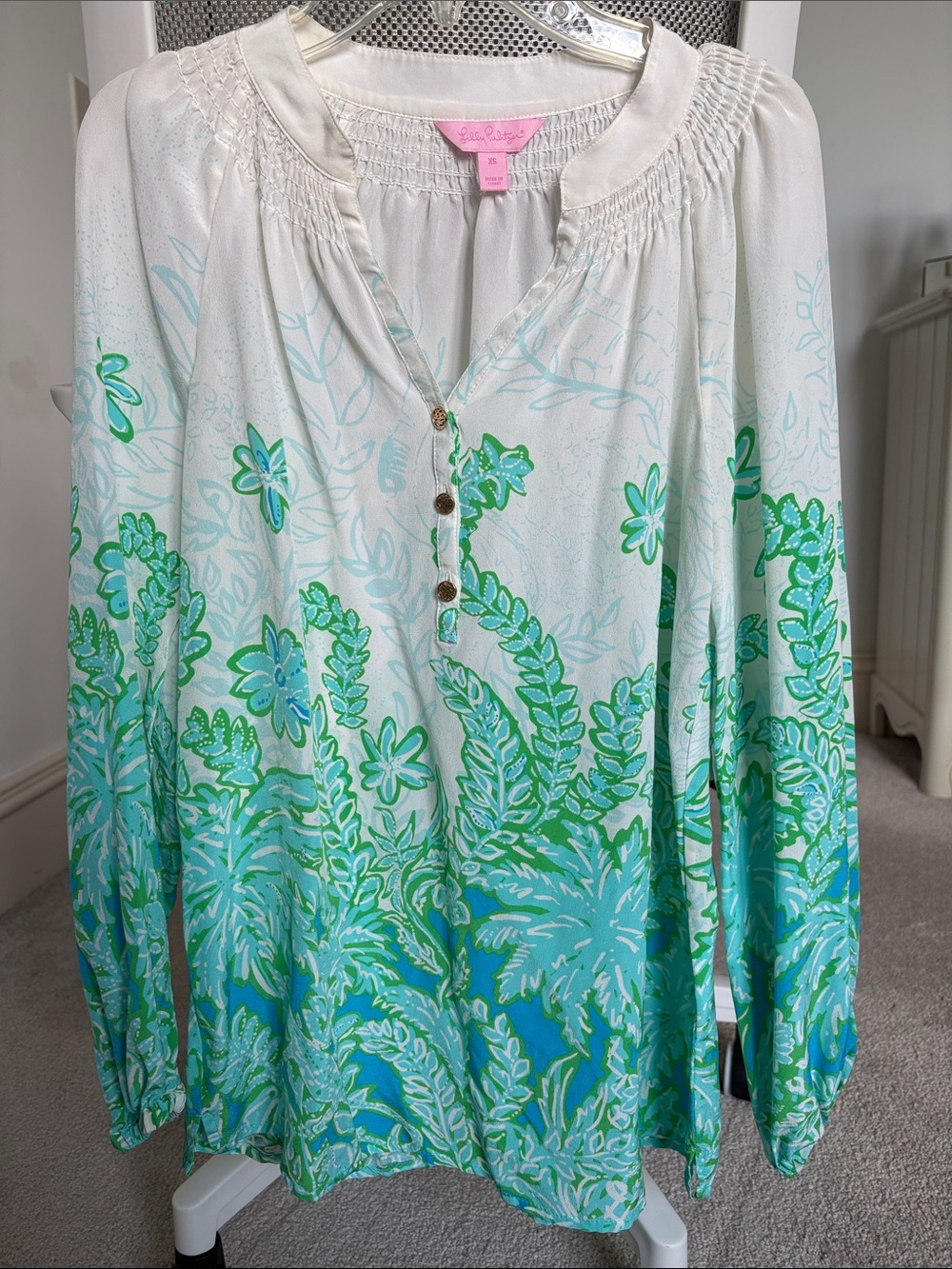 Lilly Pulitzer White with Aqua & Green Floral Long-Sleeve Blouse